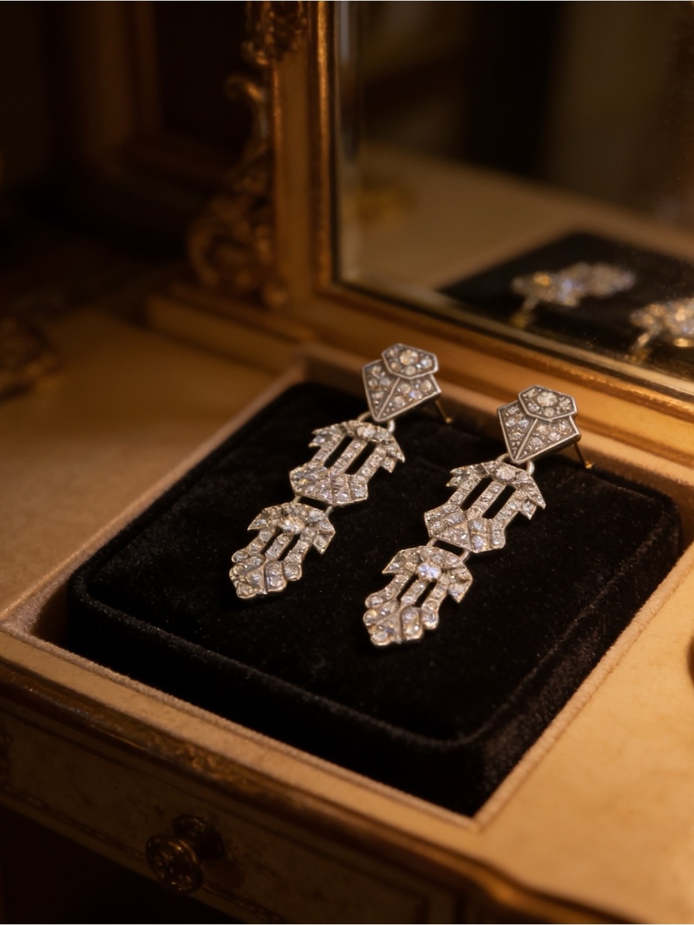 Vintage Art Deco Style Clear Rhinestone Geometric Chandelier Drop Earrings